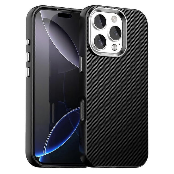 For iPhone 16 Pro Max Case Cell Phone Hybrid Back Cover Carbon Fiber Texture - Black
