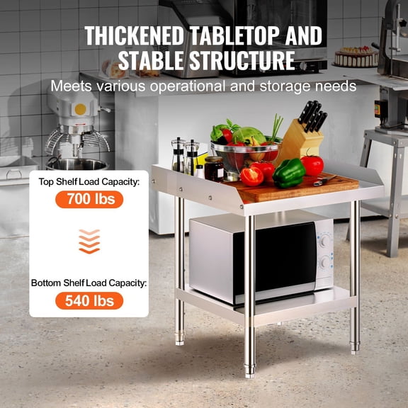 Stainless Steel Work Table,24x24x26"Commercial Food Prep Worktable,3-Sided Backsplash Heavy Duty Prep Worktable,Metal Work Table with Adjustable Height for Restaurant Home Hotel