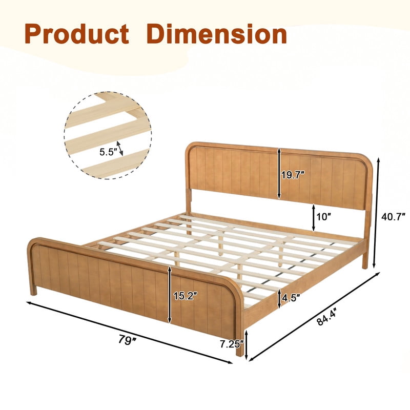 King Size Low Profile Bed Frame with Striped Headboard & Footboard, Wood Platform Bed with Slats Support & 7'' Under-Bed Space