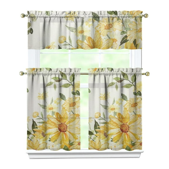 Boho Sunflower Kitchen Curtains Set - 3 PC Floral Tier & Valance, Rustic Farmhouse Window Treatment, Yellow Retro Sunflower Graphic, Rod Pocket Short Curtains