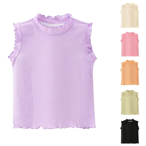 Crunowin Girls Summer Tank Tops Solid Color Lace Trim Lightweight Stretchy Round Neck Cotton Top Black Size 6