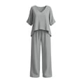thumbnail image 4 of Zynoxe Linen Sets for Women Two Piece Summer Ruched V-neck Top Wide Leg Pants with Pockets Fashion Lounge Vacation Beach OutfitsGray2XL, 4 of 7