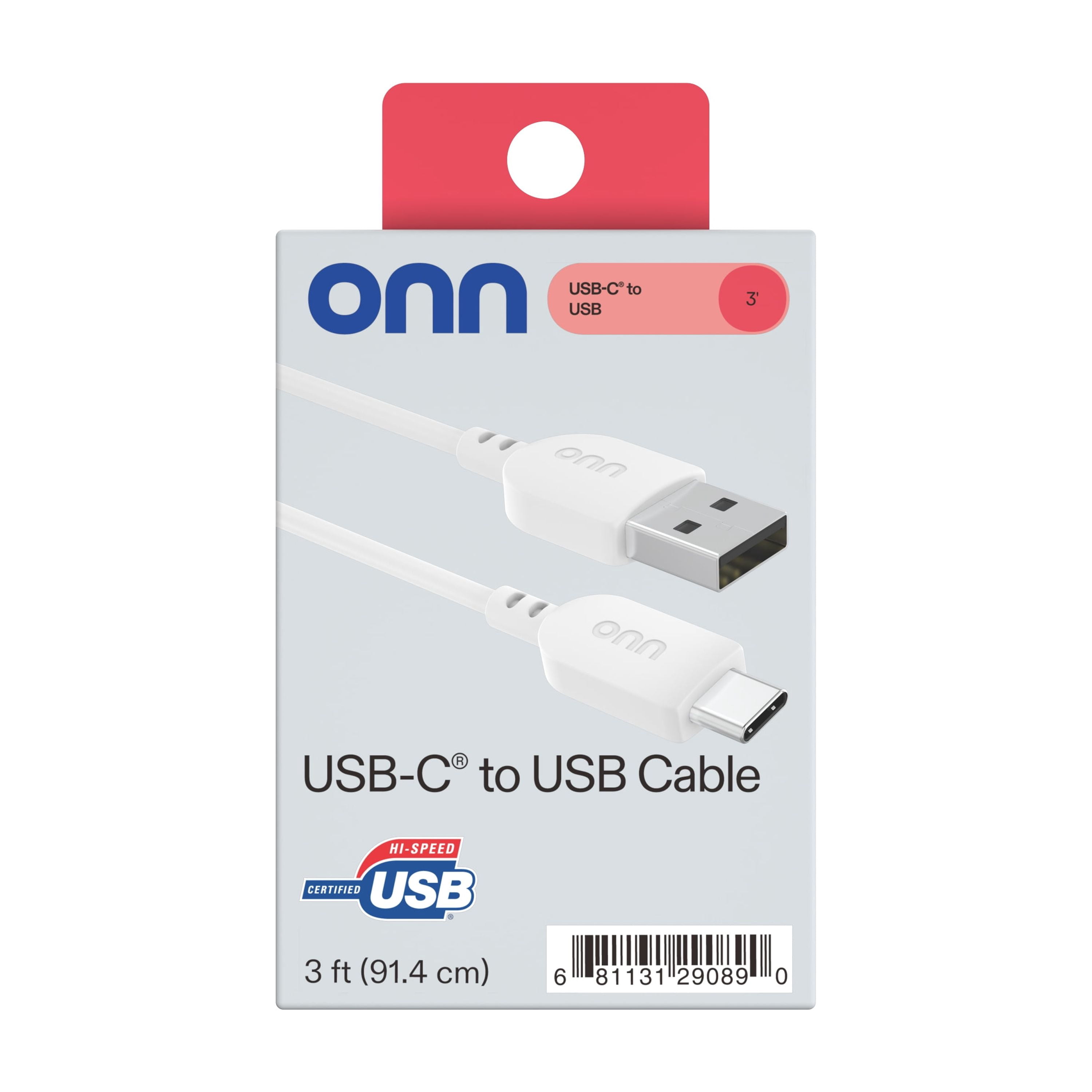 onn 3ft USB-C to USB-A Charging Cable, Certified, White, Compatible with iPhone 17, Samsung Galaxy, Pixel
