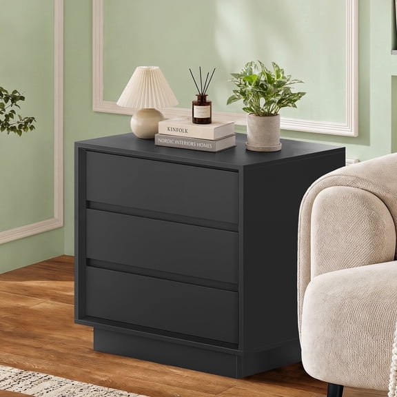 TEENFON Nightstands with 3 Drawers, Modern Bedside Table with Wide Tabletop, End Table for Bedroom, Black