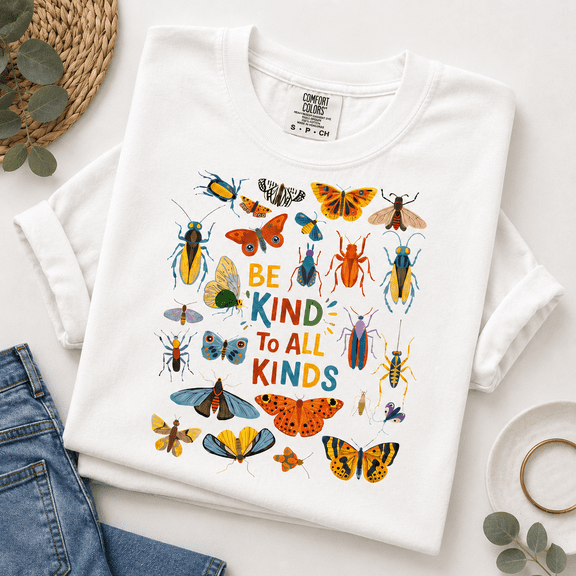 Cottagecore Comfort Colors Shirt, Be Kind To All Kinds Bug Tee, Cute Entomology Butterfly Lover Naturecore Gift, Teacher Kindness, Unisex