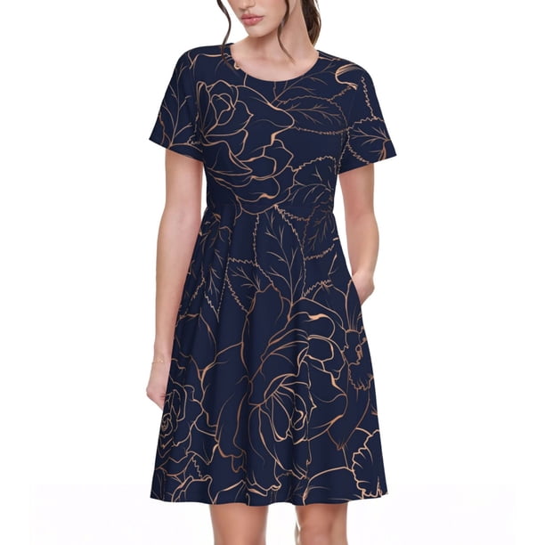 Balery Navy Dark Blue Vestidos sueltos de manga corta para mujer, vestidos de verano 2025, vestidos casuales de corte A con vuelo.