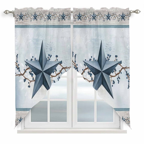 Country Star Blue Swag Valances for Windows 2 Pack, Kitchen Window Curtains 36 Inch Length, Farmhouse Vintage Branches Wooden Privacy Swag Curtains for Living Room/Bathroom with Rod Pocket 36"x36"