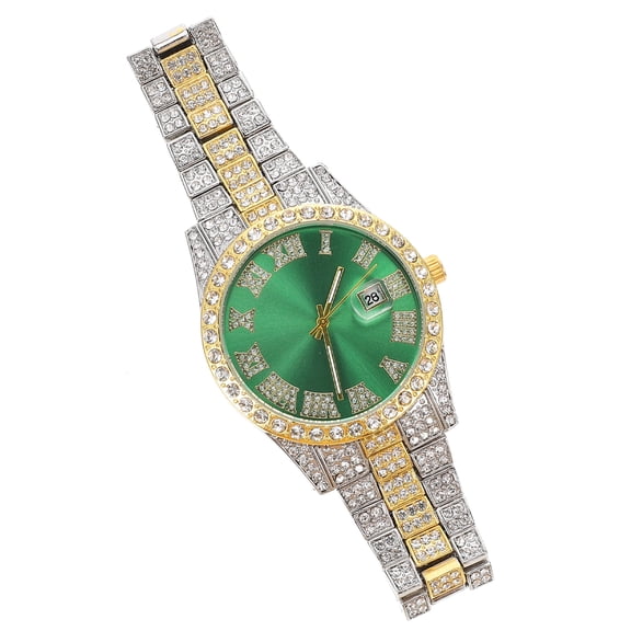 BESTYASH Encrusted Men Watch with Green Stainless Steel Band and Precise Quartz Movement