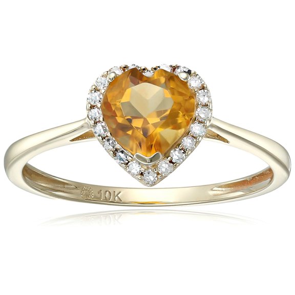 10k Yellow Gold Citrine And Diamond Solitaire Heart Halo Engagement Ring, Size 7