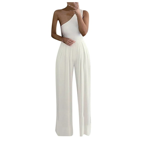 Giftesty Jumpsuit for Women Clearance,Womens Fashion Wide Leg Pants Polka Dot Striped Printed One-shoulder Jumpsuits