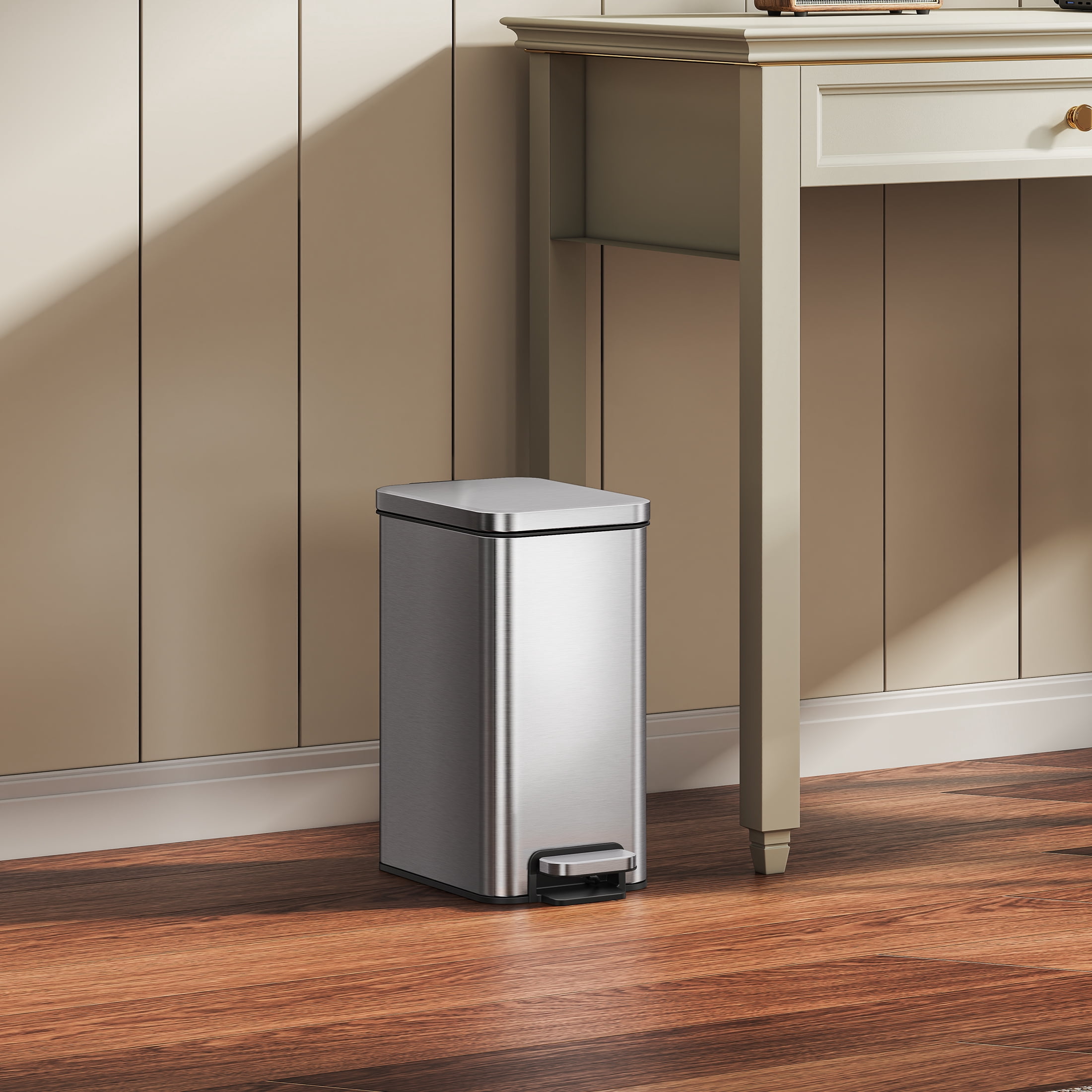 Better Homes & Gardens Bedroom / Office Trash Can, 2.6 Gallon Small Stainless Steel Step Garbage Bucket Bin with Soft Close Lid, Silver