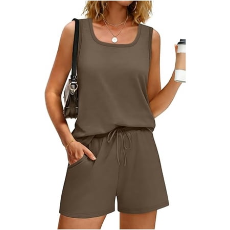 Lumtrix Two Piece Pajama Sets For Women Sleeveless Summer Outfits Tank Top And Shorts Cute Workout Travel Lounge Resort Wear Brown M