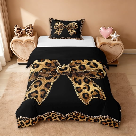 Erosebridal Leopard Print Bowknot Twin Bedding,Girls Cute Bows Duvet Cover Set For Kids,Reversible black,2-Piece(No Comforter)