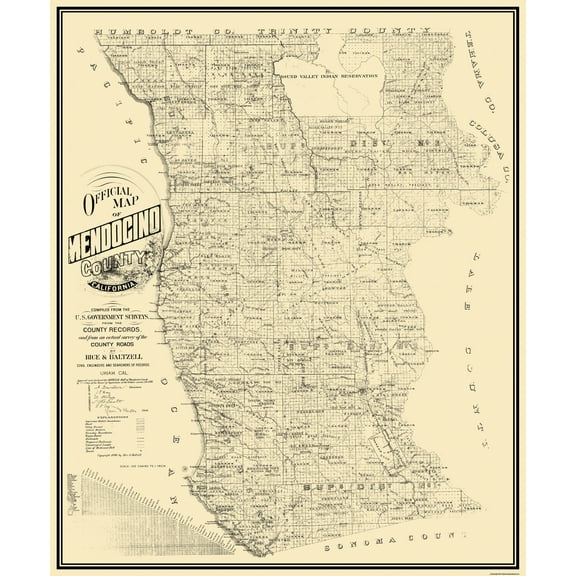 Historic County Map - Mendocino County California - Rice 1890 - Vintage Wall Art