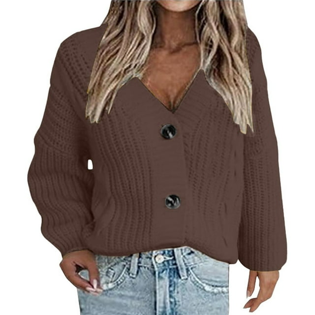 Duoif Cardigan Sweaters for Women Ladies V Neck Long Sleeve Cardigan Sweater Solid Color Button Fashion Sweater Jacket with Pockets Womens Sweaters Coffee M