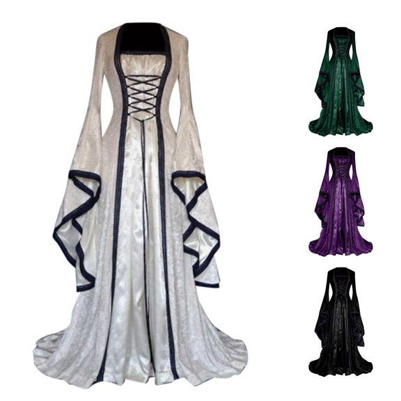 Women's Medieval Retro Princess Dress with Trumpet Sleeves Solid Color Gown
