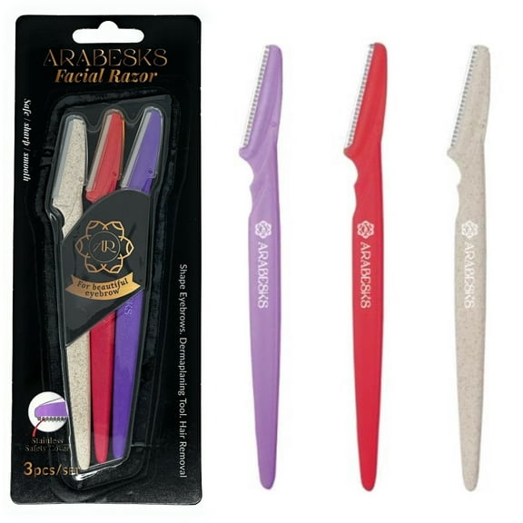 ARABESKS Dermaplaning Eyebrow Razor – 3ct Face Razors for Women, Peach Fuzz Remover, Precision Facial Hair Trimmer with Safety Cover