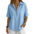 thumbnail image 3 of Fgvctg Cotton Linen Polo Shirt Half Button Placket Placket Lightweight Gauze Tees Elbow-Length Sleeve Blouses Lightweight Linen Loose Linen Tunic Casual Tops Plus Size Blouse Light Blue 2XL, 3 of 7