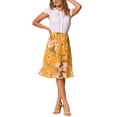 thumbnail image 2 of Faldas midi florales para mujer Inspire Chic, con volantes, cintura alta, fluida, en línea A, con abertura, hasta la rodilla, talla XS, color amarillo, 2 of 6