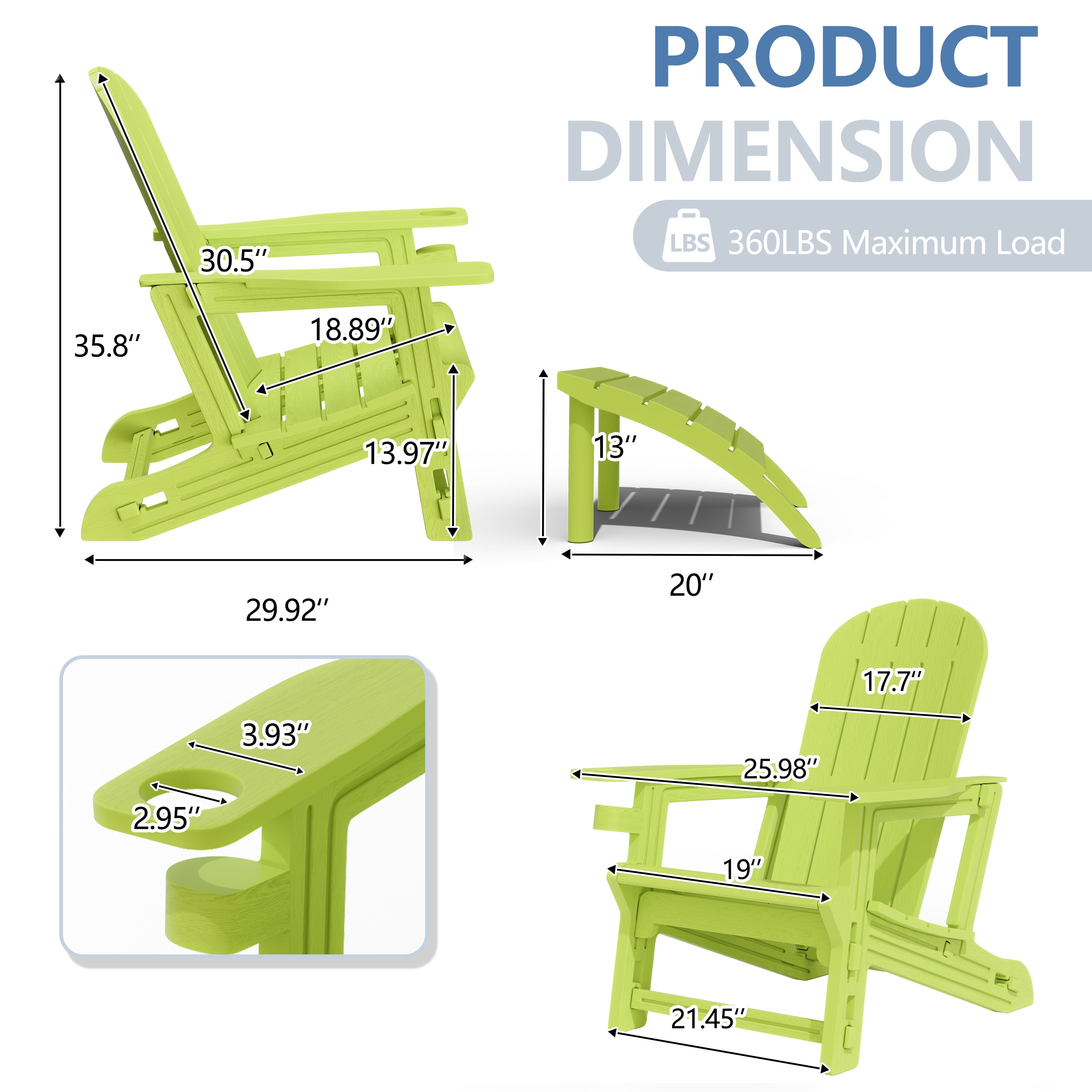 Walsunny Adirondack Chairs Set of 2 HDPE Outdoor Chair Set with Connecting Tray Cup Holder Removable Tabletop Pull-Out Footrest,All-Weather HDPE Outdoor Chair Set,Green