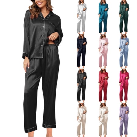 BiZtdJrK Prime Today Pajamas for Women 2 Piece Sets Women s Button Down Satin Silk Long Sleeve Shirts Matching Lounge Pants Solid Color Nightwear Outfits Black M