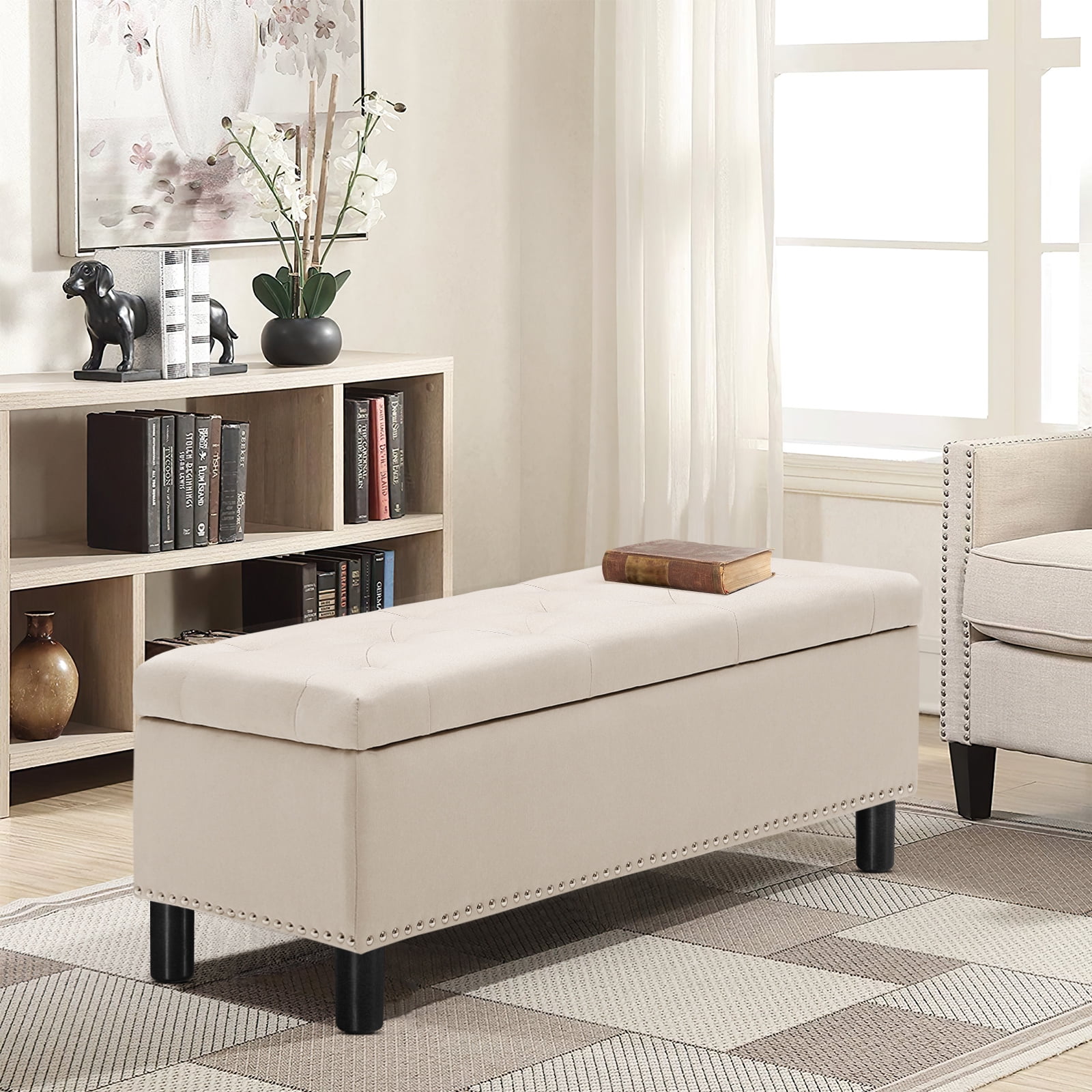 Furniliving Modern Upholstered Button Tufted Storage Ottoman Entryway Bench, Ivory