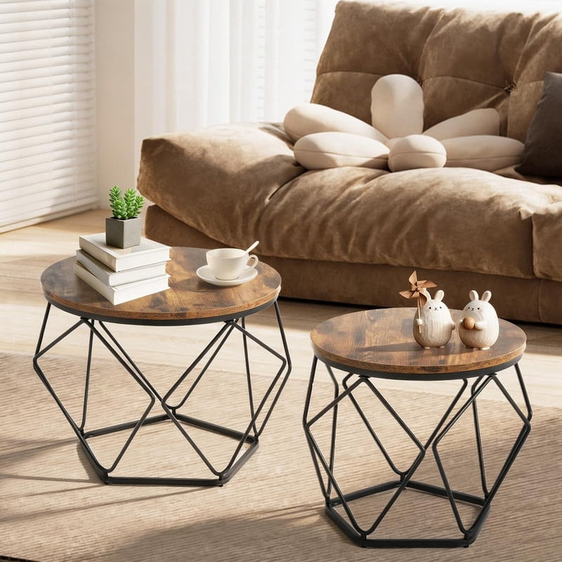 Simenmax 2-Piece Round Nesting Coffee Table Set with Hidden Storage, Modern Geometric Side Tables and Movable End Tables for Living Room, Brown
