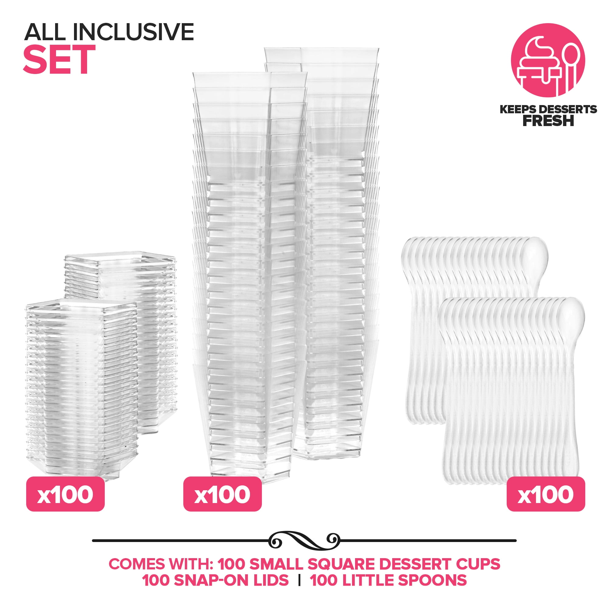 100 Pack 5 oz Elegant Mini Clear Plastic Dessert Cups with Lids and Spoons Square Parfait Cup w/Lid for Small Individual Desserts, Pudding Shooters, Appetizers, Trifle Shooter