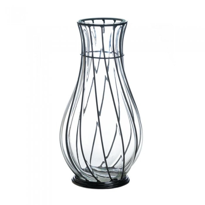 SHORT GLASS AND METAL VASE