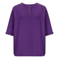 thumbnail image 4 of HOMBOM Cotton Linen Shirts for Women Rolled Sleeve Solid Purple Crewneck Short Sleeve Casual Ladies T Shirts Spring, 4 of 5
