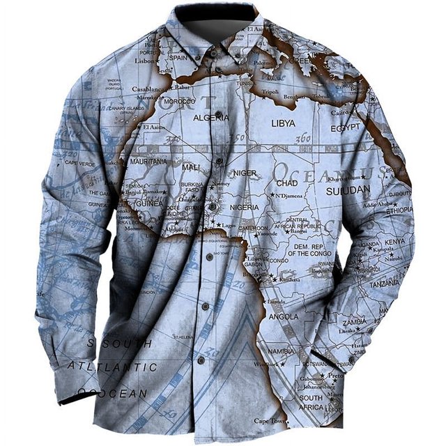 Camisa informal de uso diario para hombre con estampado 3D de mapa del mundo vintage manga larga diseño clásico de calle estilo retro blusas ropa con solapa