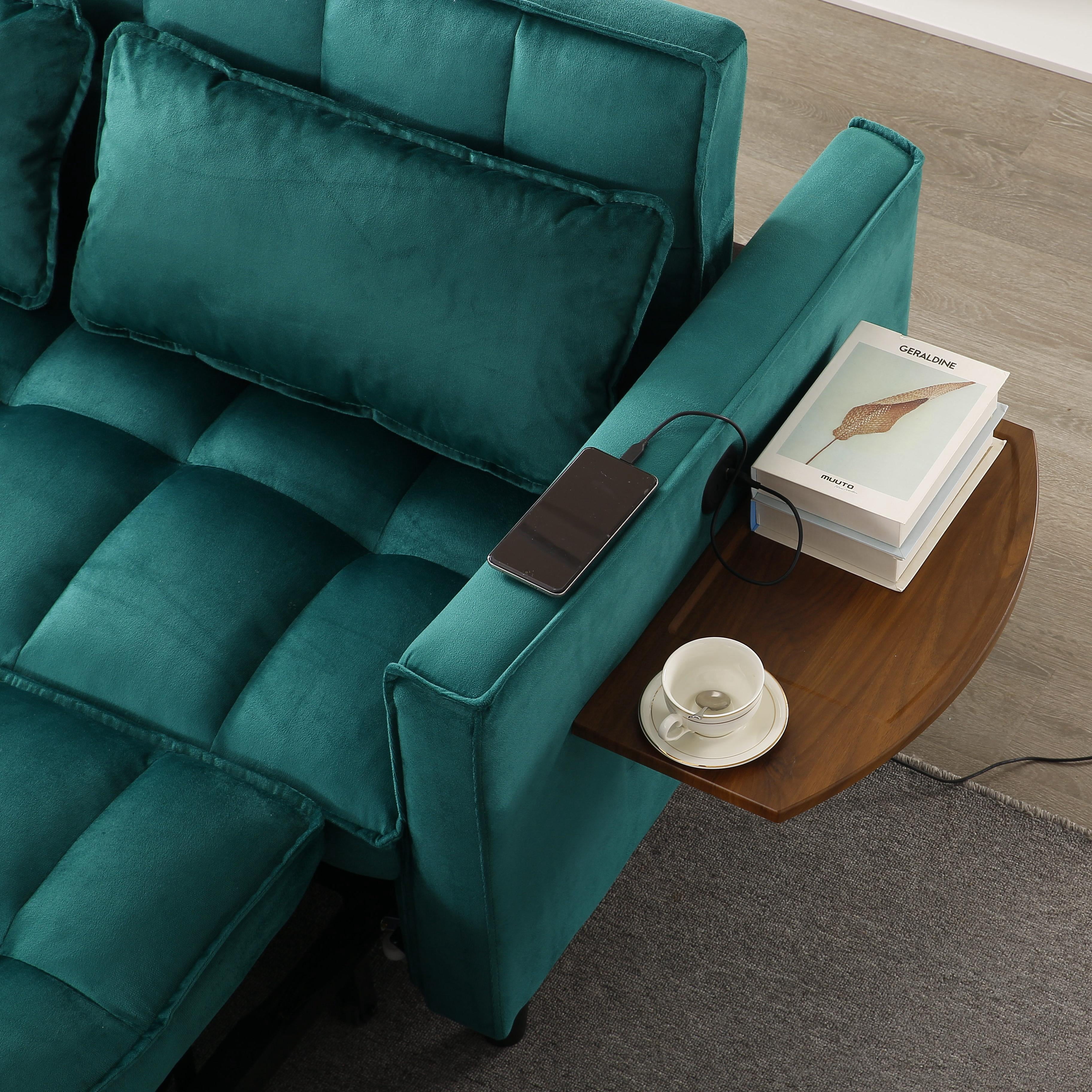 BSHTI 55.31” Velvet Pull Out Sofa Bed ,Sleeper Sofa with USB & Storage, Reclining Backrest, Foldable Side Table, Living Room Couch, Office Couch,Green