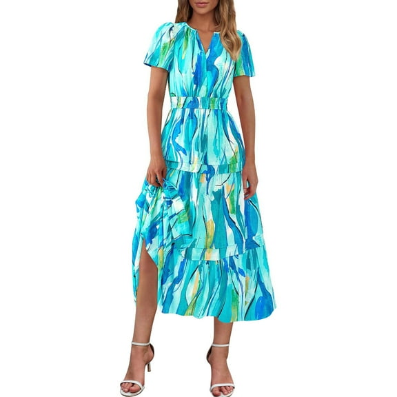 Ayolanni Ankle-Length Women's Holiday Party Dresses Blue V-Neck Boho Short Sleeve Dresses Warm Dresses for Women L