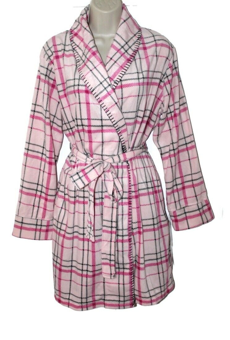 Muk Luks Women's Cozy Short Fleece Robe Etched Pink Plaid L