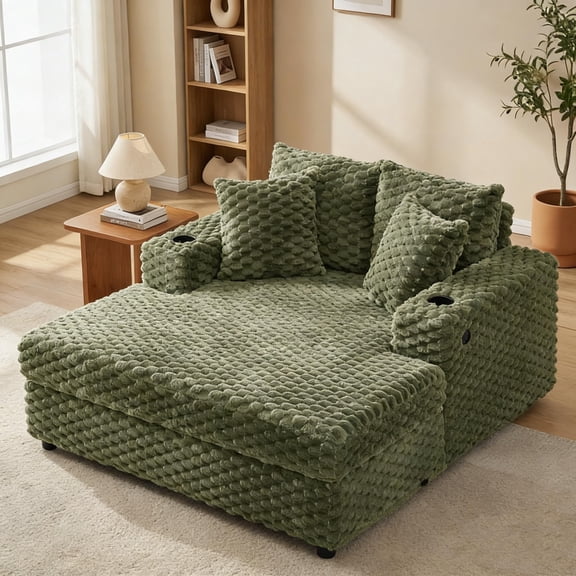 Oversized Chaise Lounge Chair Indoor: 60" Upholstered Cozy Reading Chair with Throw Pillows and Armrests, Comfy Large Modern Sleeper Chair Couch Sofa Bed for Living Room,Bedroom, Green