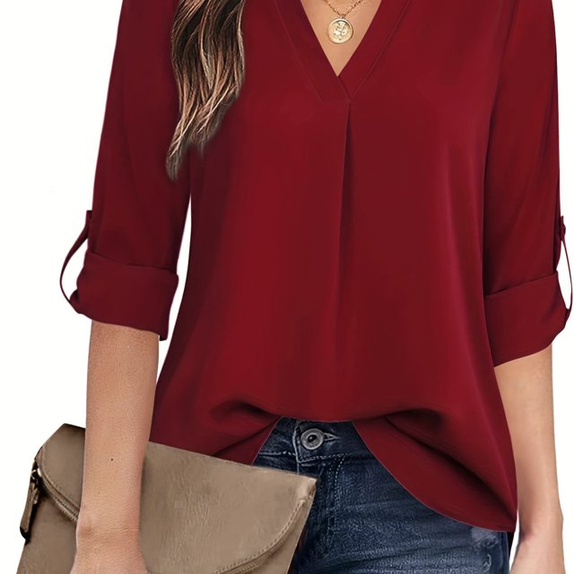 Blusa simple sólida, blusa casual de manga larga con cuello en V, ropa de mujer