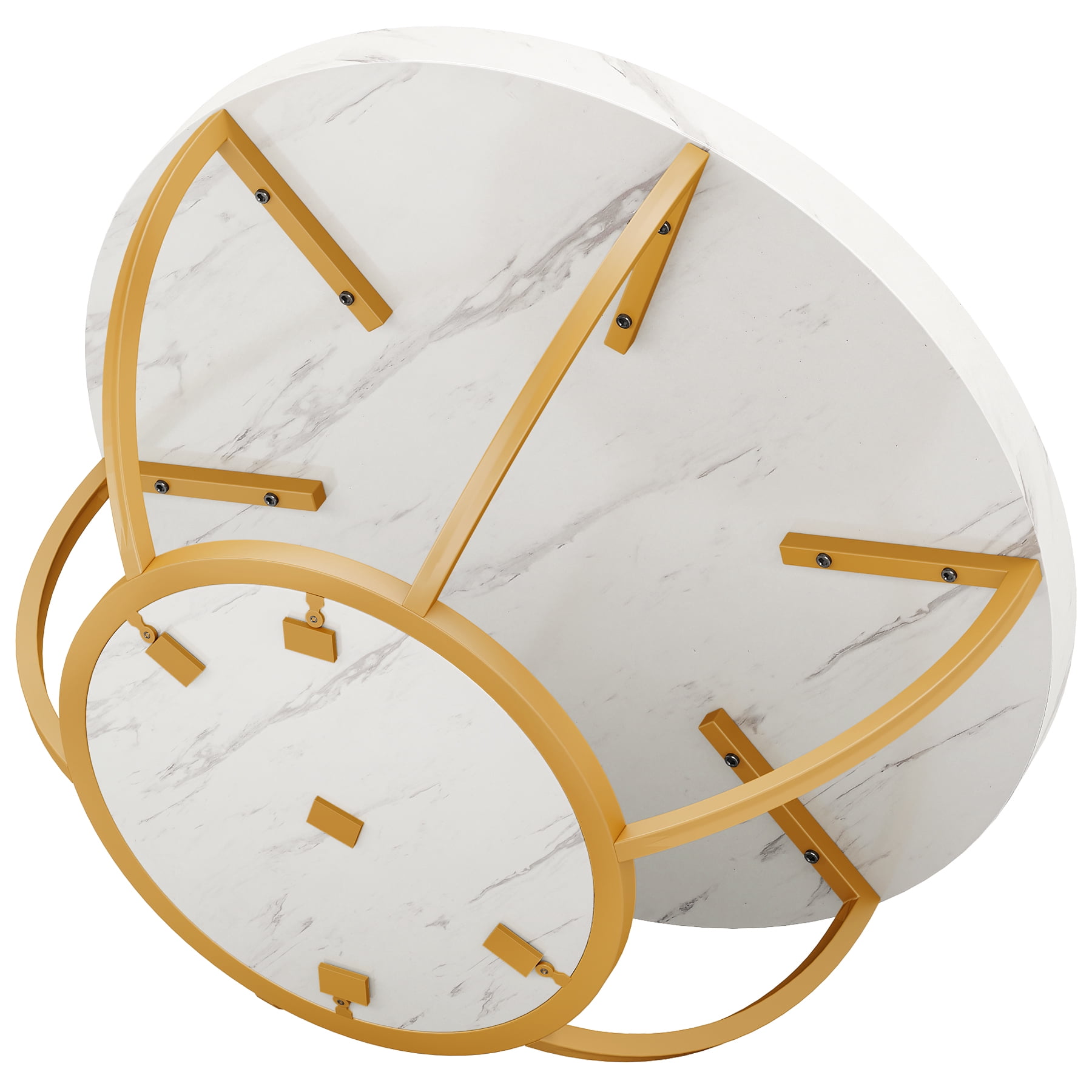 Fnova Coffee Table with 2 - Tier Storage, 32" Round Coffee Table with Metal Legs, Modern Rustic Style Center Table for Living Room, White and Gold