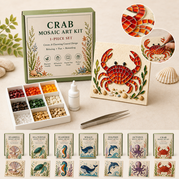 DIY Sea Glass Mosaic Art Kit, Sea Glass Art Kit for Adults and Beginners, Ocean Animal Mosaic Craft with Colorful Glass Pieces, Adhesive, Tweezers and Guide, Coastal Decor Gift