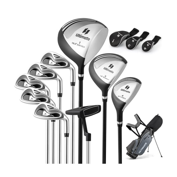 Men's Complete Golf Club Set, 10 Pieces, Gray, Driver, Fairway Wood, Hybrid, Irons, Putter