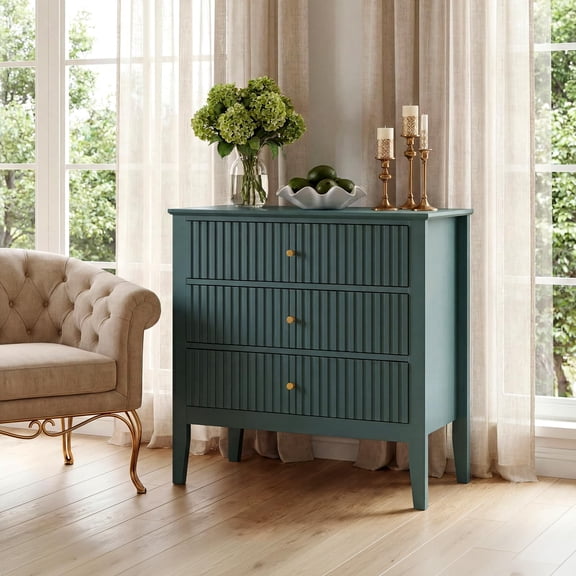 PYY Fluted Wood Bedside Table with Charging Station, 32" Tall Bedside Table - 3 Drawers Storage - Modern Bedroom End Table, Green