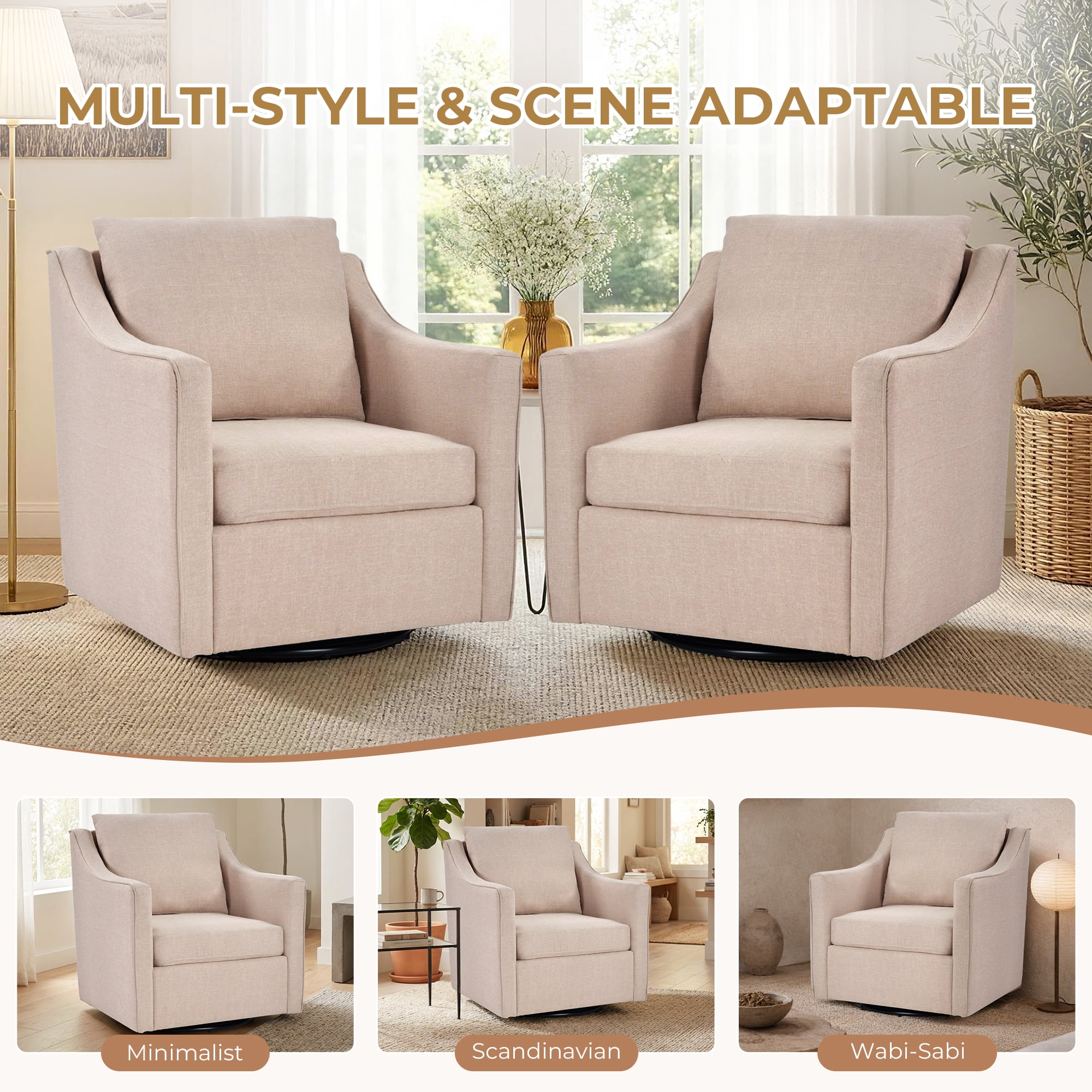 EBELLO Upholstered Accent Chair，Yarn-Dyed Fabric Swivel Chair, Modern Minimalist Armchair with Lumbar Pillow(Single Pack,Beige)