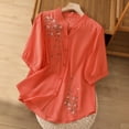 thumbnail image 2 of BinBiL womens summer tops Women's Cotton Linen Shirt Collar Button Down Half Sleeve Embroidered Tunic Tops Blouse Orange 10(XL), 2 of 9