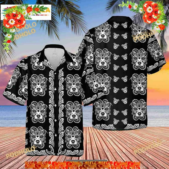 Pitbull Sugar Skull Halloween Button Down For Dog Lovers Hawaiian Shirt