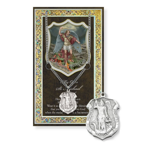 Saint Michael Police Shield Genuine Pewter Medal on a 24" Chain with Biography and Picture Folder