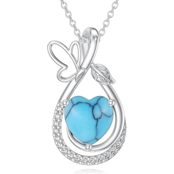 Sterling Silver Heart Turquoise Butterfly Pendant Necklace Moissanite Necklace Pendant for Women Jewelry Birthday Gift Valentine's Day Christmas