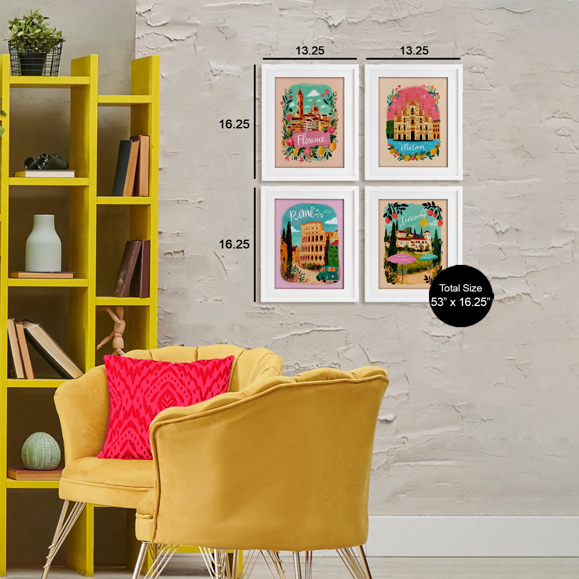 Italy Travel Locations with Florals 4 Piece White Framed Print Under Glass Set, design by Yen