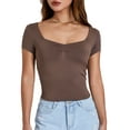 thumbnail image 2 of Caoirhny Women T-shirt, Low-cut Short Sleeve Pleated Solid Slim Fit Summer Tops for Casual Daily, 2 of 9