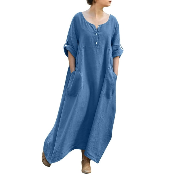 Gibobby Vestido largo de playa de verano para mujer Vestido suelto de séptima manga de algodón y lino con bolsillos en el cuello en O liso informal para mujer(Azul,CH)