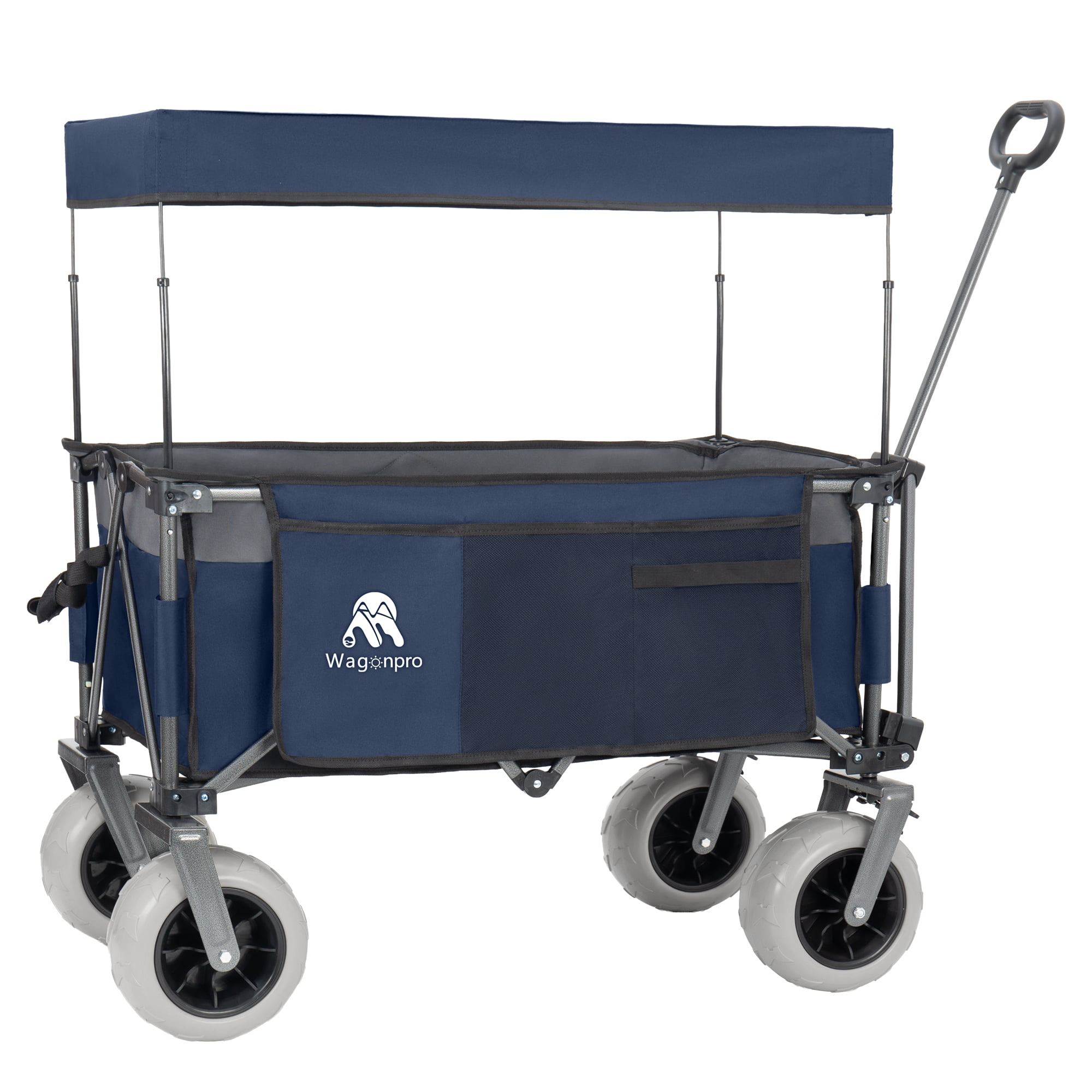 Foldable Utility Wagon with Removable Awning Canopy, 9"×4" All-Terrain Balloon Wheels, 480LBS 120L Heavy Duty Beach Cart Adjustable Handle for Camping Shopping