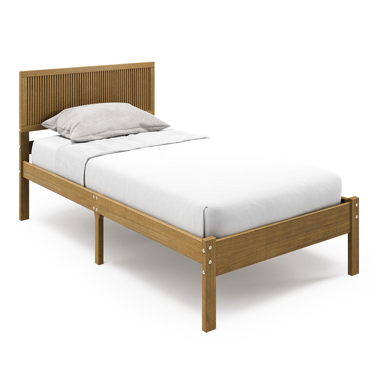 P'kolino Reeded Wood Twin Bed Frame with Headboard- Solid Wood, Natural Oak, for Kids, Teens